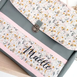 Cartable Fleuri Rose Et Curry Simili Gris