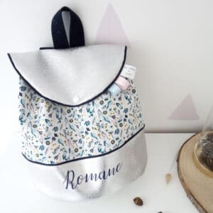 Sac à Dos Simili Argent Fleuri Bleu (1)