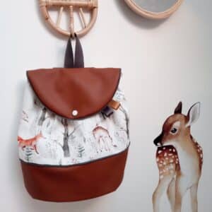 Sac à dos, simili marron et animaux de la fôret