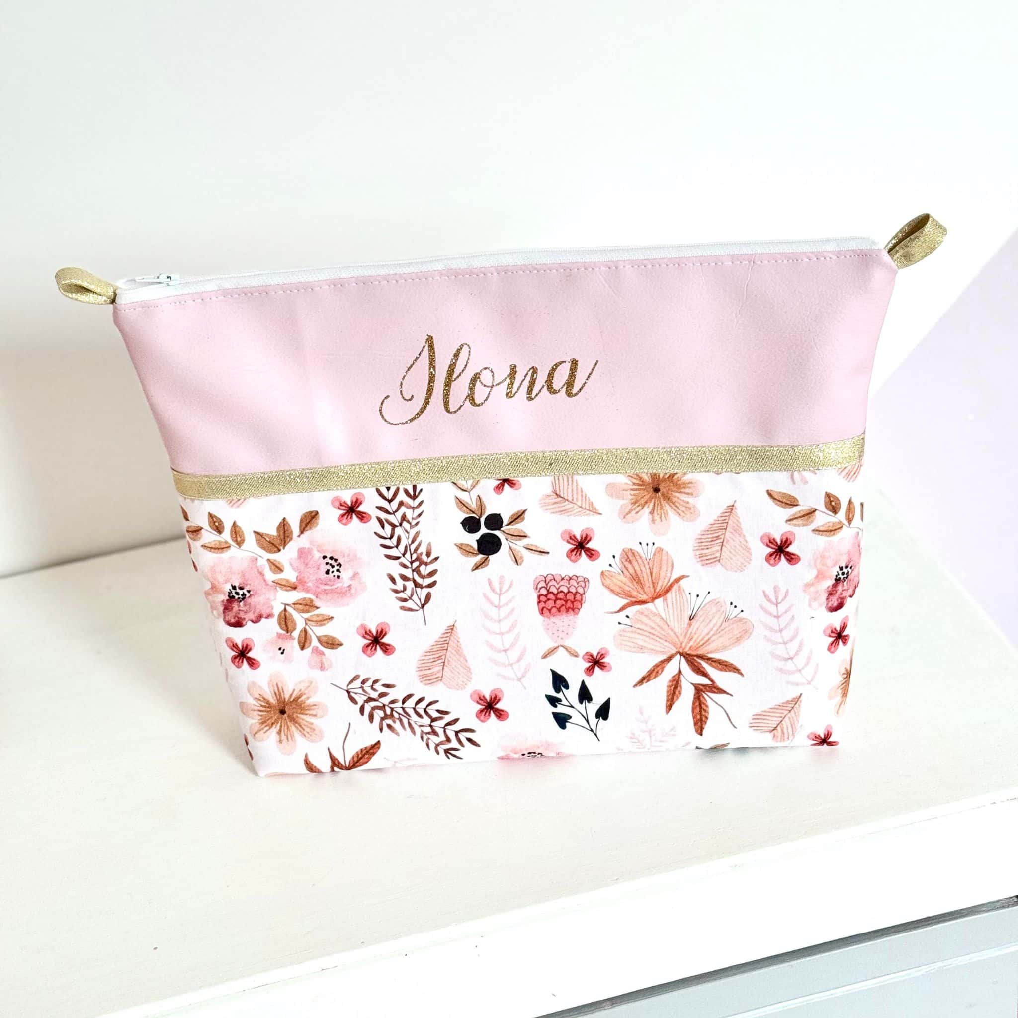 trousse de toilette, simili rose et fleuri camel et rose