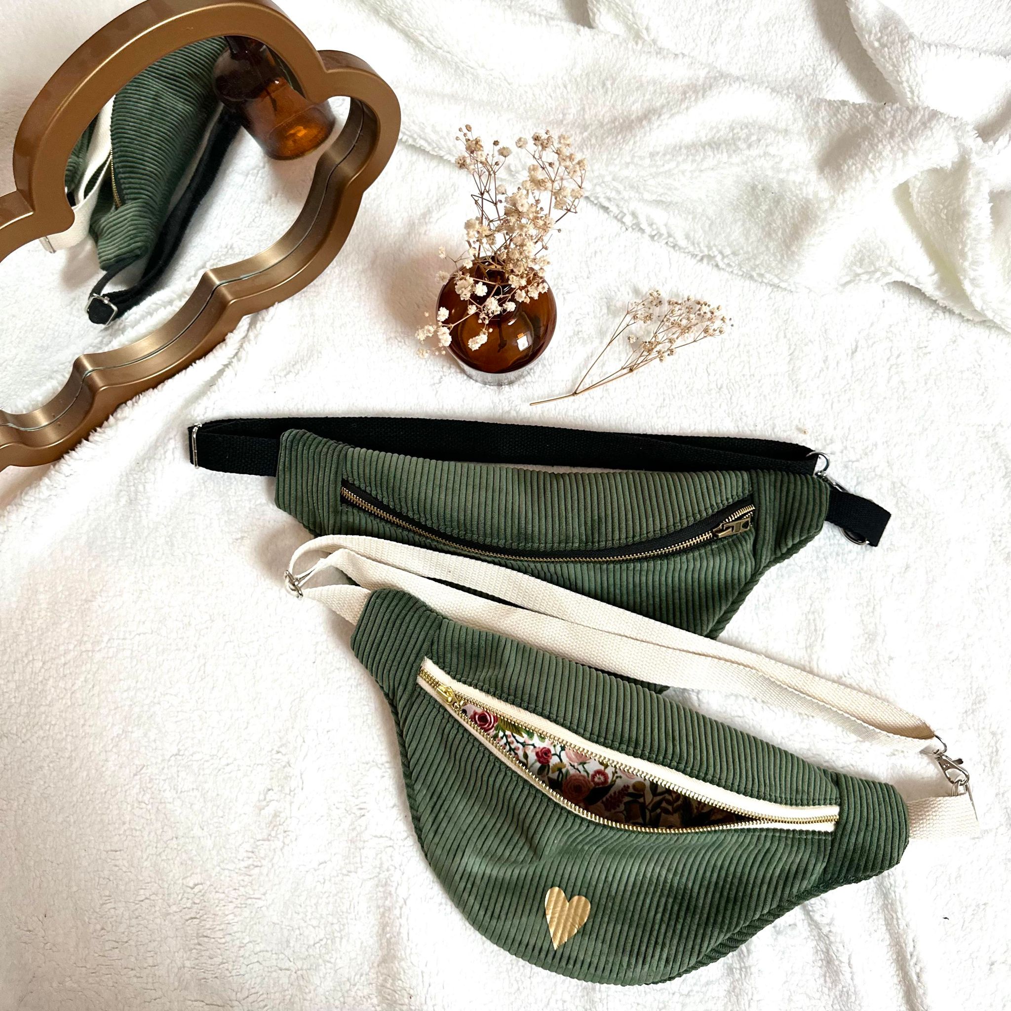 sac banane, velours kaki et coton garden party
