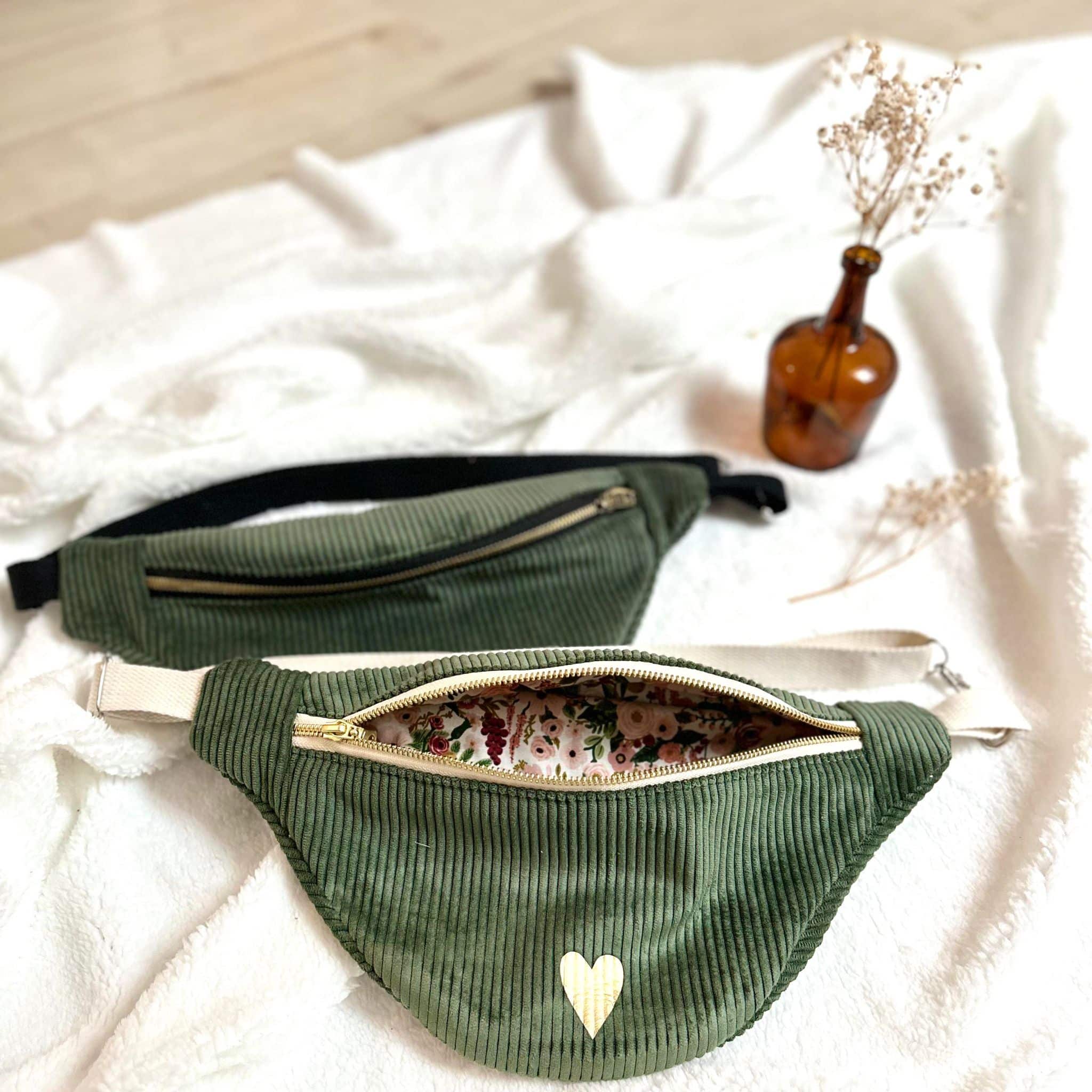 sac banane, velours kaki et coton garden party