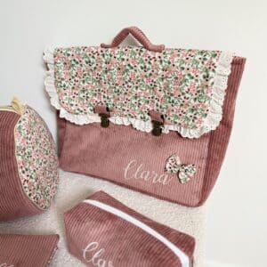 cartable, velours côtelé ras kaki et double gaze coeurs kaki (copie)