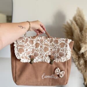 cartable, velours côtelé ras kaki et double gaze coeurs kaki (copie)