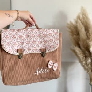 cartable, velours côtelé ras kaki et double gaze coeurs kaki (copie)